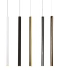 Lampa wisząca LED w kolorze miedzi, o cylindrycznym kształcie, zawieszona na cienkim przewodzie. Obok widoczne warianty w kolorach białym, czarnym, złotym i błyszczącym czarnym. Prosty design, idealna do nowoczesnych wnętrz.