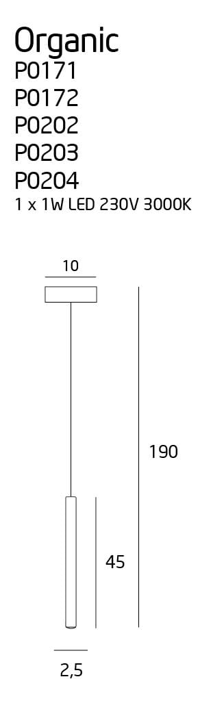 Organiczna lampa wisząca 1-punktowa w kolorze chromu z prostokątnym kloszem o wymiarach 10x2,5 cm i długości zawieszenia 190 cm. Źródło światła LED 1W, temperatura 3000K. Idealna do nowoczesnych wnętrz.