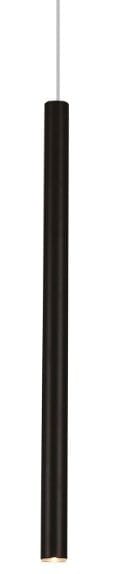 Czarna, wisząca lampa LED w kształcie długiego cylindra, zawieszona na białym przewodzie. Lampa ma minimalistyczny design, z widocznym źródłem światła u dołu. Idealna do nowoczesnych wnętrz.