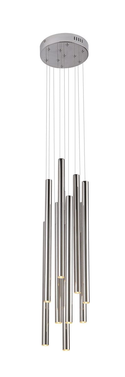 Organiczna lampa wisząca LED 10-punktowa w chromie, z cylindrycznymi elementami o różnych długościach, zawieszona na cienkich linkach. Górna część okrągła, metaliczna. Źródła światła umieszczone w dolnych częściach, tworzą nowoczesny efekt świetlny.