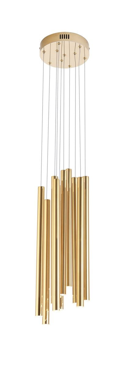 Wisząca lampa LED z 10 złotymi cylindrami, zawieszona na cienkich żyłkach. Kształt cylindrów różnej długości tworzy nowoczesną kompozycję. Lampa montowana do sufitu, idealna do stylowych wnętrz.