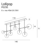 Lampa wisząca Lollipop P0295 z sześcioma punktami świetlnymi, z przezroczystymi kloszami. Kształt prostokątny, montowana sufitowo. Wymiary: długość 110 cm, szerokość 140 cm, wysokość 75 cm. Wykonana z metalu i szkła, przeznaczona do żarówek G9 max 40W.