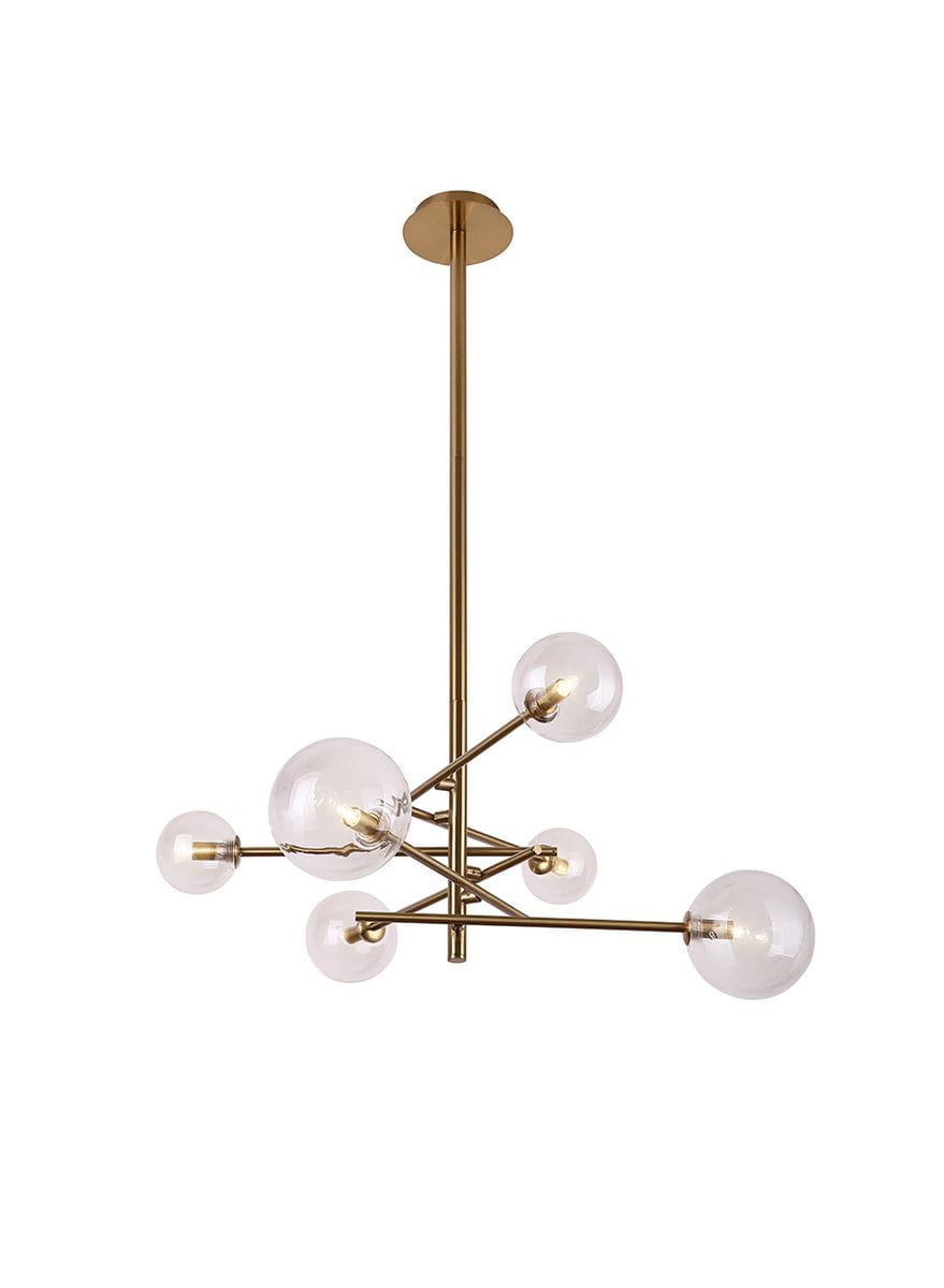 Lampa wisząca Lollipop 6-punktowa w kolorze złotym, z sześcioma okrągłymi kloszami z przezroczystego szkła. Ujęcie frontalne, produkt zawieszony na długim stelażu. Elementy metalowe w eleganckim wykończeniu, minimalistyczny design.