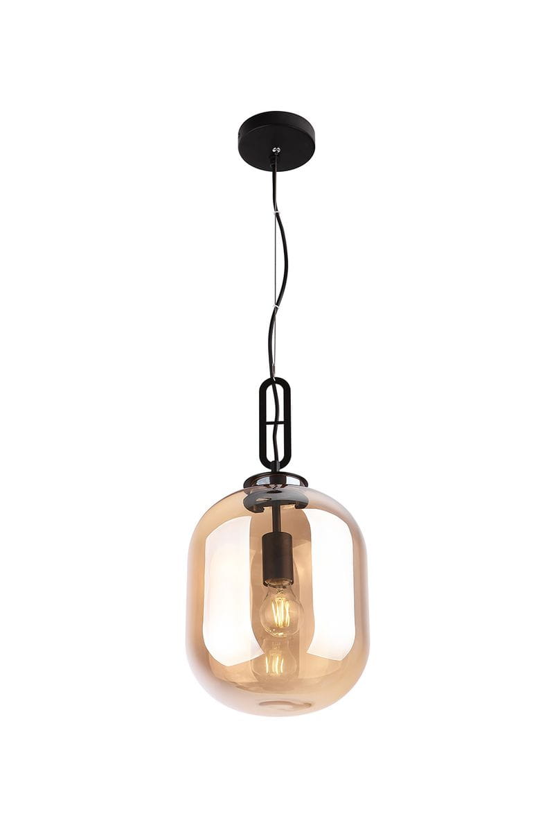 Lampa wisząca Honey D24 z przezroczystym, brązowym kloszem w kształcie owalnym, zawieszona na czarnym przewodzie. Widoczna żarówka wewnątrz. Ujęcie z dołu, pokazujące detal konstrukcji i zawieszenia.