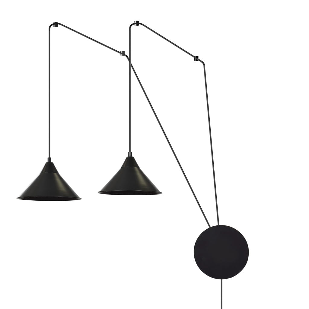 Lampa wisząca Abramo z dwoma kloszami w kształcie stożka, wykonana z czarnego metalu. Klosze zawieszone na długich, regulowanych linkach, połączone z okrągłą podstawą. Elementy minimalistyczne, idealne do nowoczesnych wnętrz.