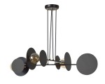 Lampa wisząca czarna 4-punktowa Idea, z okrągłymi elementami w różnych rozmiarach i złotymi detalami. Ujęcie z boku, zawieszona na cienkich linkach. Okrągłe klosze w stylu industrialnym, tworzą nowoczesny wygląd.