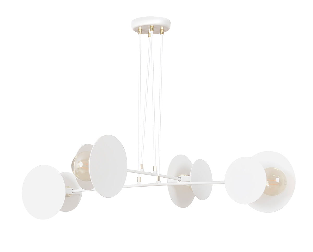 Lampa wisząca 4-punktowa w kolorze białym z okrągłymi kloszami. Posiada cztery źródła światła umieszczone na metalowej ramie. Ujęcie z boku, zwisająca konstrukcja z delikatnymi przewodami. Prosty design, idealna do nowoczesnych wnętrz.