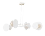 Lampa wisząca 4-punktowa w kolorze białym z okrągłymi kloszami. Posiada cztery źródła światła umieszczone na metalowej ramie. Ujęcie z boku, zwisająca konstrukcja z delikatnymi przewodami. Prosty design, idealna do nowoczesnych wnętrz.