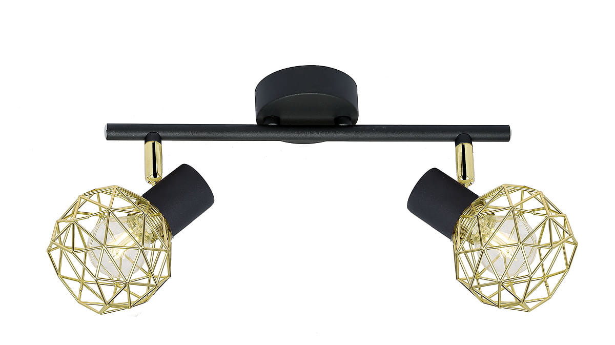 Lampa sufitowa Acrobat 2-punktowa z czarnym metalowym ramieniem i złotymi kloszami w geometrycznym wzorze. Klosze w kształcie sferycznym, umieszczone na końcach ramienia, skierowane w różnych kierunkach. Montaż sufitowy, minimalistyczny design.