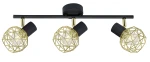 Lampa sufitowa Acrobat 3-punktowa z czarnym uchwytem i złotymi kloszami w formie siatki. Klosze mają kulisty kształt, a lampa jest zamontowana na prostokątnej podstawie. Ujęcie z przodu, pokazujące wszystkie trzy punkty świetlne.