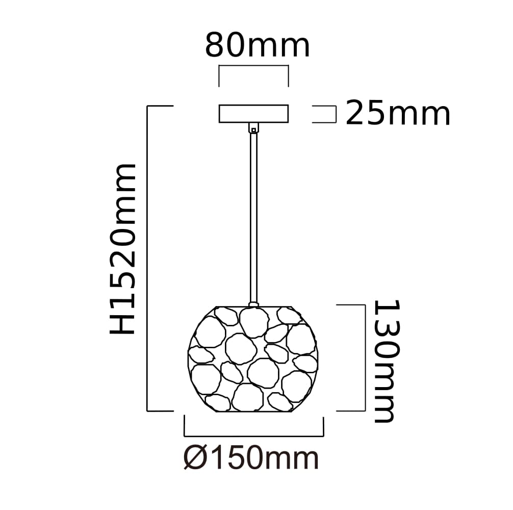 Lampa wisząca Carera Cromo S, 1-punktowa, o chromowanej podstawie. Kulista oprawa z dekoracyjnymi, nieregularnymi wzorami, średnica 150 mm, wysokość 130 mm. Wysokość całkowita 1520 mm, rurka o średnicy 25 mm, mocowanie 80 mm.