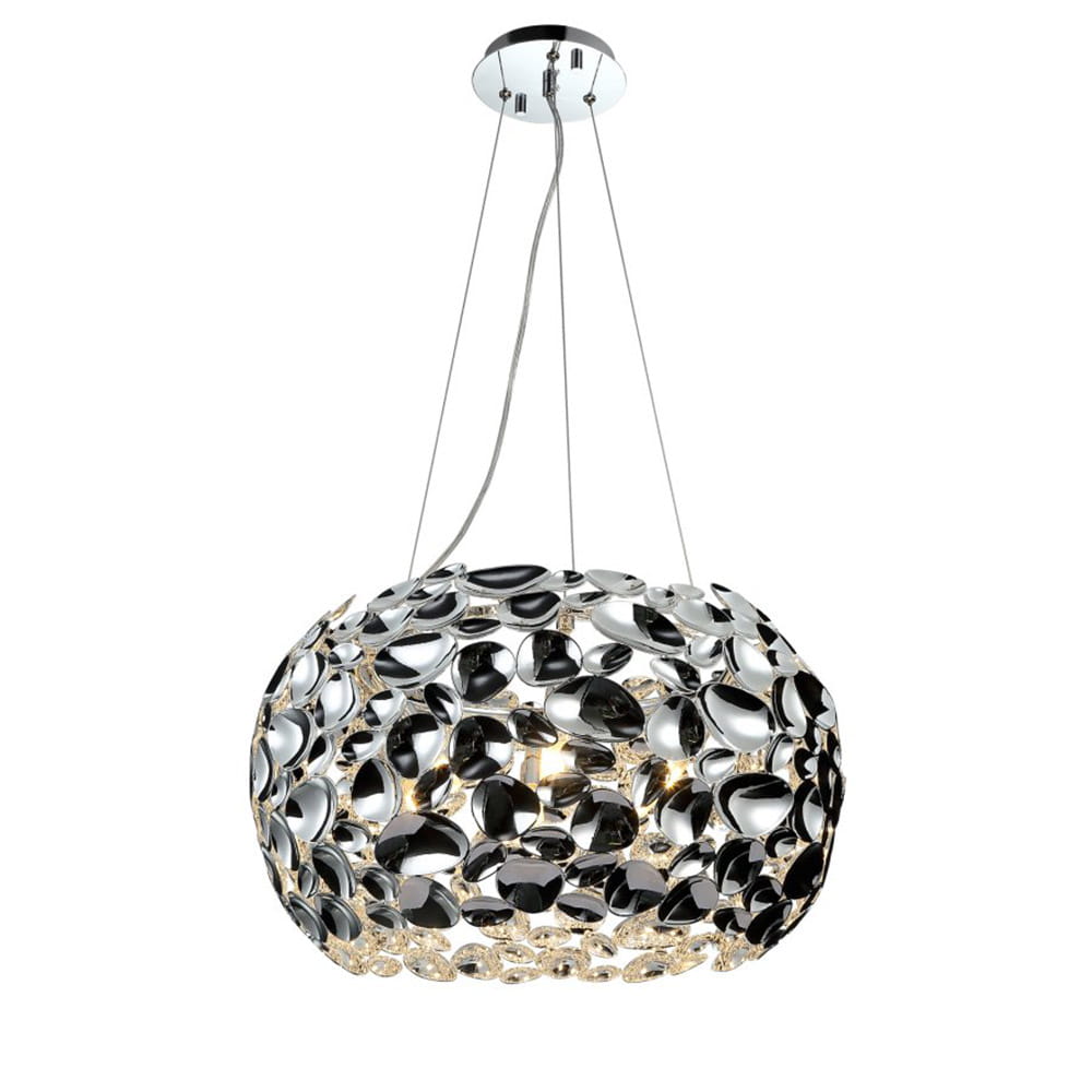 Lampa wisząca Carera Cromo z sześcioma punktami świetlnymi, o okrągłym kształcie, wykonana z chromowanych elementów oraz kryształowych detali. Zawieszona na cienkich linkach, prezentuje elegancki design z lustrzanym wykończeniem.