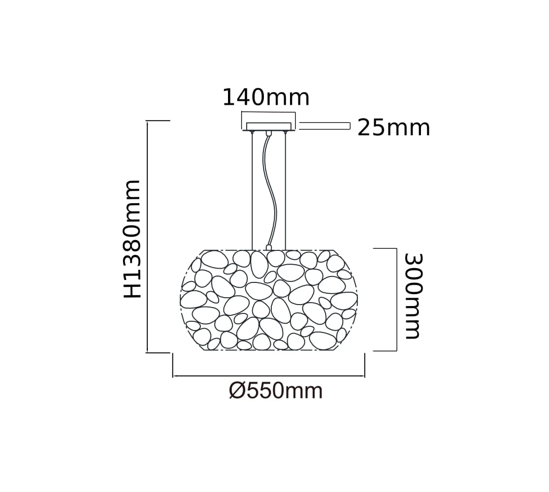 Lampa wisząca Carera Gold w kolorze złotym, sześciopunktowa, o okrągłej podstawie z dekoracyjnym wzorem. Wymiary: wysokość 1380 mm, średnica 550 mm, szerokość podstawy 300 mm, grubość 25 mm. Ujęcie frontalne.