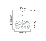 Lampa wisząca Carera Gold w kolorze złotym, sześciopunktowa, o okrągłej podstawie z dekoracyjnym wzorem. Wymiary: wysokość 1380 mm, średnica 550 mm, szerokość podstawy 300 mm, grubość 25 mm. Ujęcie frontalne.