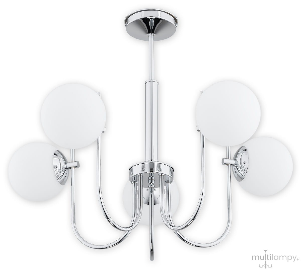 Lampa wisząca Ape 5-punktowa w kolorze chromu, z pięcioma białymi, okrągłymi kloszami. Ułożona w formie świecznika, z metalowymi ramionami. Zawieszona na długim, prostym pręcie. Tło białe, podkreślające elegancki design.
