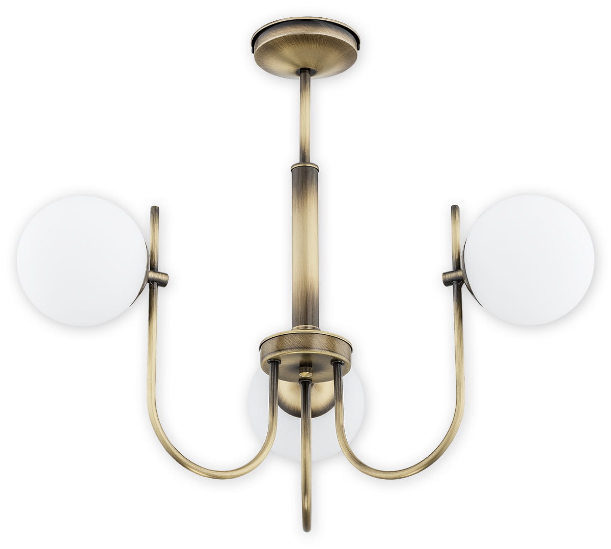 Lampa wisząca Ape, 3-punktowa, w kolorze patyny. Posiada trzy okrągłe, matowe klosze z białego szkła i metalową konstrukcję. Ujęcie z góry, ukazujące symetryczne rozmieszczenie kloszy oraz centralny element mocujący.