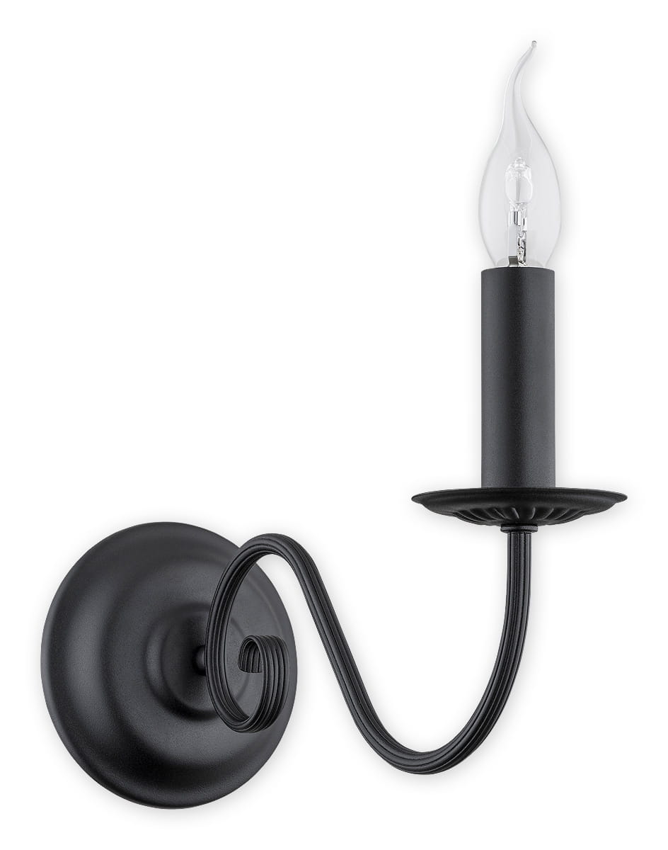 Czarny kinkiet Asti 1-punktowy O2890 K1 CZA, z metalowym uchwytem w kształcie spirali, okrągłą podstawą oraz przezroczystą żarówką w formie świecy. Ujęcie boczne, wiszący, na jednolitym tle.
