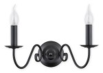 Kinkiet Asti w kolorze czarnym, z dwoma punktami świetlnymi. Ozdobne ramiona w kształcie spirali, zakończone cylindrycznymi uchwytami na żarówki z przezroczystymi kloszami. Montaż na ścianie, widok frontalny.