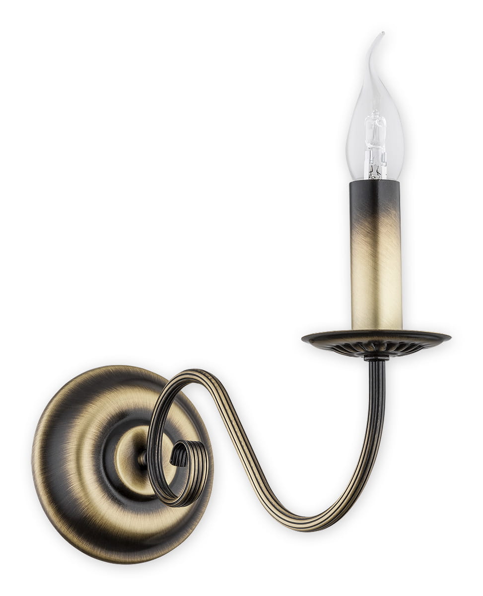 Kinkiet Asti 1-punktowy w kolorze patyny. Okrągła, dekoracyjna podstawa z metalowym ramieniem, na którym umieszczona jest świeca z przezroczystym kloszem. Produkt montowany na ścianie, w stylu klasycznym.