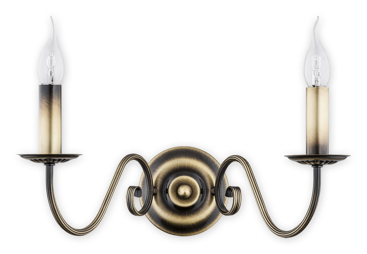 Kinkiet Asti w stylu patynowym, z dwoma źródłami światła. Metalowa konstrukcja w odcieniach patyny, z okrągłą podstawą i eleganckimi, zakrzywionymi ramionami. Żarówki w kształcie świec z przezroczystymi kloszami.