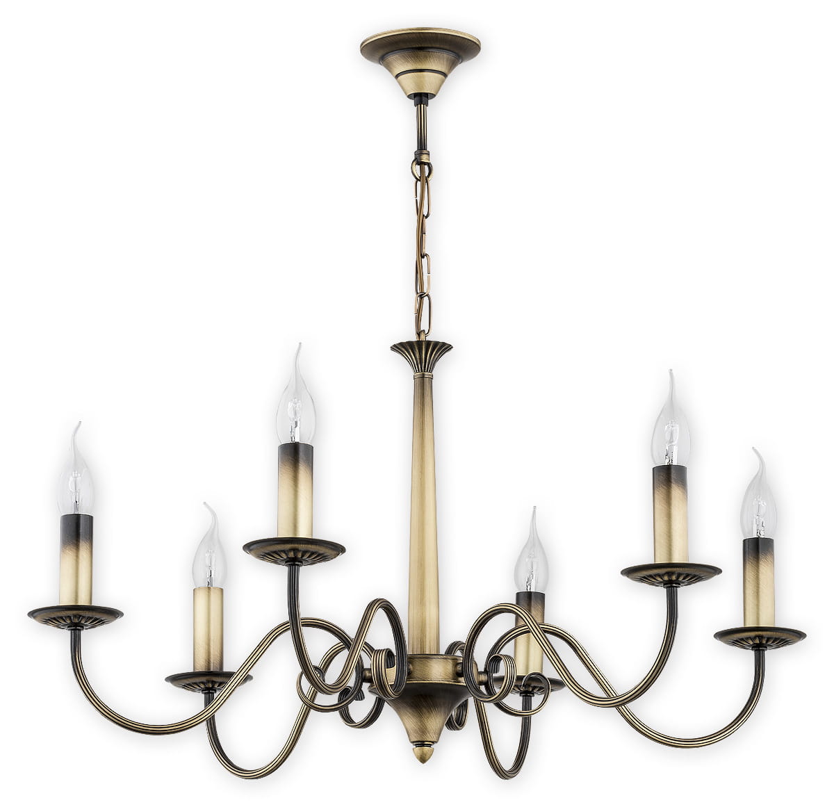 Żyrandol Asti 6-punktowy w kolorze patyny z sześcioma ramionami, każda z dekoracyjnym uchwytem i przezroczystą żarówką w kształcie płomienia. Wysoka konstrukcja z ozdobnymi detalami oraz łańcuchem mocującym.