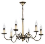 Żyrandol Asti 6-punktowy w kolorze patyny z sześcioma ramionami, każda z dekoracyjnym uchwytem i przezroczystą żarówką w kształcie płomienia. Wysoka konstrukcja z ozdobnymi detalami oraz łańcuchem mocującym.