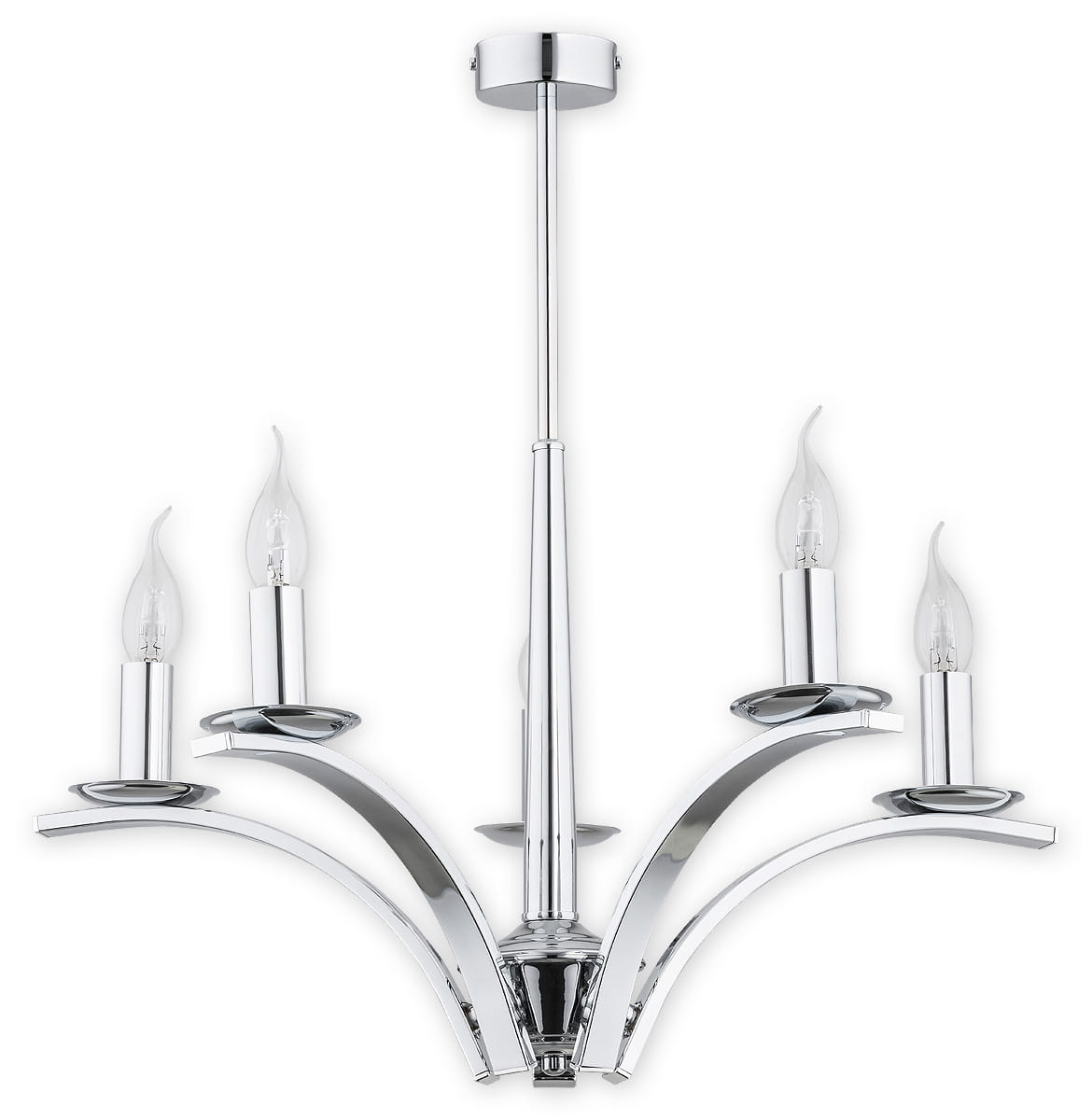 Żyrandol Kapra 5-punktowy w kolorze chromu, z pięcioma ramionami w kształcie półokręgów, zakończonymi przezroczystymi kloszami. Ujęcie frontalne, produkt wiszący na długim przewodzie, idealny do nowoczesnych wnętrz.