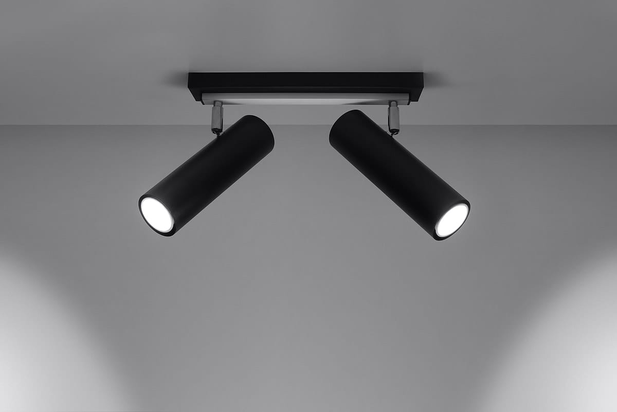 Dwu-punktowa lampa sufitowa Direzione w kolorze czarnym, z cylindrycznymi kloszami. Ujęcie frontalne, zamontowana na prostokątnej podstawie. Źródła światła skierowane w przeciwnych kierunkach, na jednolitym tle.