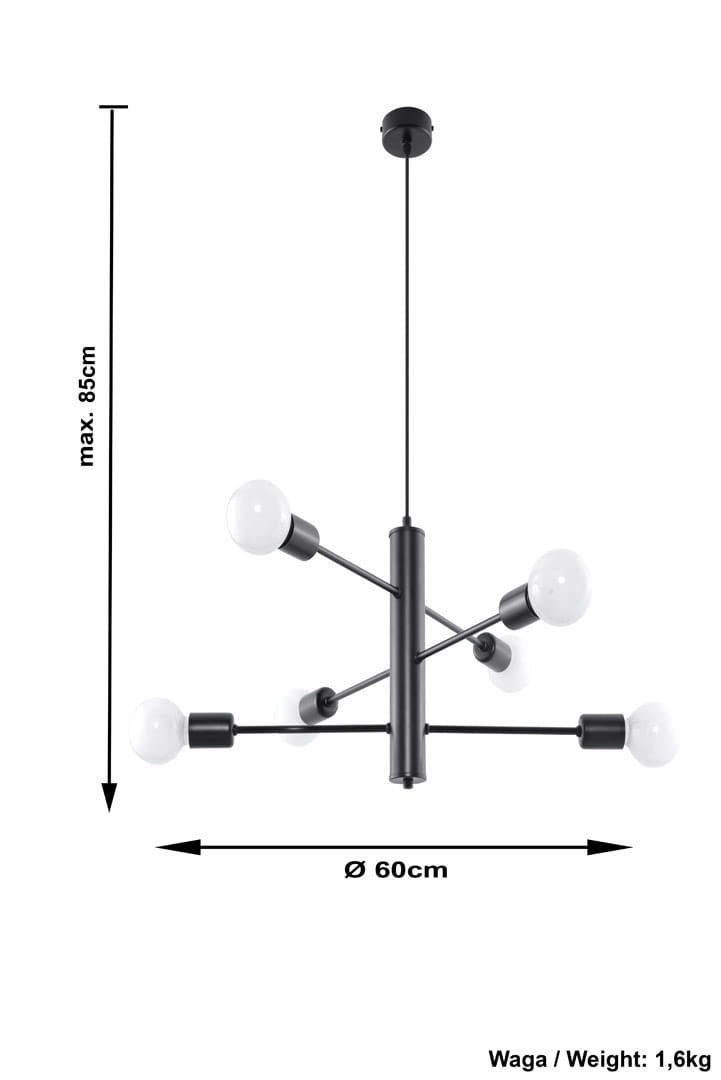 Lampa wisząca Duomo 6-punktowa w kolorze czarnym, z sześcioma okrągłymi, białymi kloszami. Ujęcie frontalne, zawieszona na cienkim przewodzie. Wymiary: średnica 60 cm, maksymalna wysokość 85 cm, waga 1,6 kg.