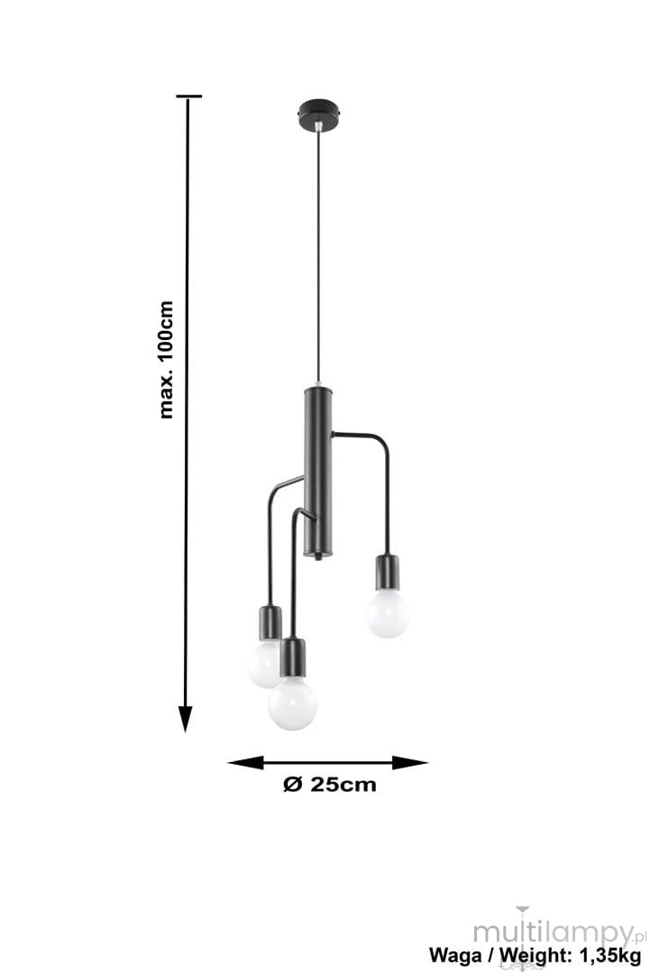 Lampa wisząca Duomo 3M w kolorze czarnym, z trzema kulistymi żarówkami, zawieszona na cienkim przewodzie. Wymiary: maksymalna wysokość 100 cm, średnica 25 cm. Prosty, nowoczesny design z metalowym wykończeniem.