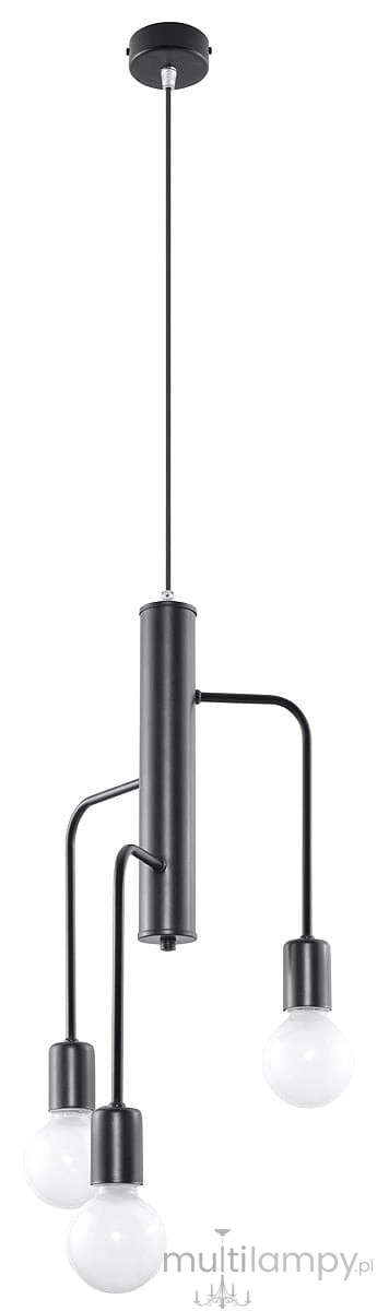 Lampa wisząca Duomo 3M z trzema punktami świetlnymi, o minimalistycznym, czarnym metalowym wykończeniu. Uchwyty lampy mają różne długości, co tworzy dynamiczny wygląd. Przeznaczona do montażu sufitowego, z okrągłym mocowaniem.