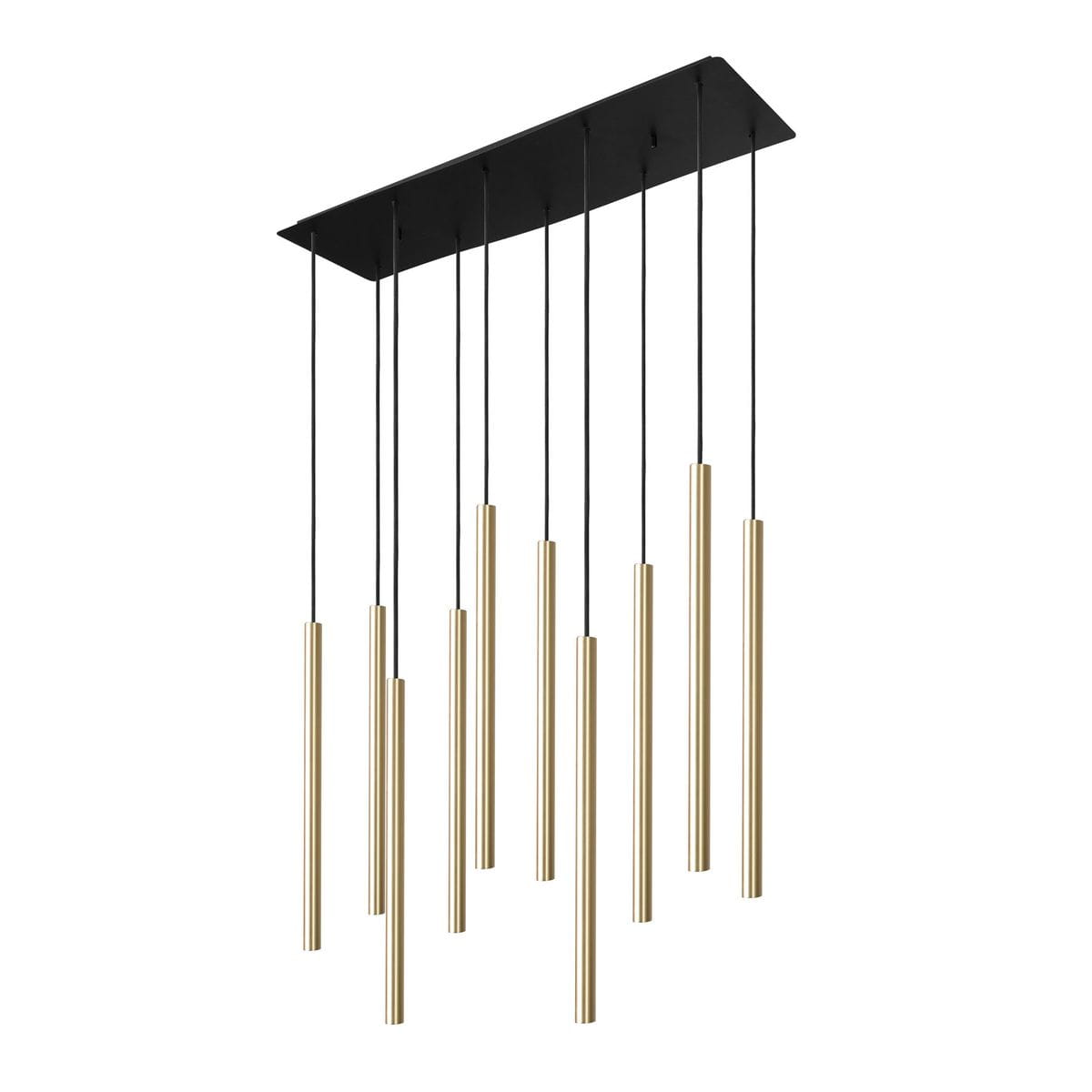 Lampa wisząca Laser z 10 mosiężnymi punktami, zawieszona na czarnych linkach. Prosta, cylindryczna forma z błyszczącej mosiężnej powierzchni. Utrzymana w nowoczesnym stylu, montowana na prostokątnej czarnej podstawie.