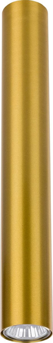 Lampa sufitowa Eye L w kolorze mosiądzu, o cylindrycznym kształcie, z widocznym kloszem na dole. Ujęcie frontalne, zbliżenie na detal. Lampa pojedyncza, przeznaczona do montażu sufitowego, z matową, teksturowaną powierzchnią.