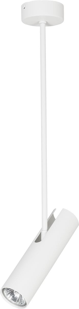 Lampa wisząca Eye Super A 1-punktowa w kolorze białym, z prostym, cylindrycznym kloszem i metalowym uchwytem. Zawieszona na cienkim, białym przewodzie, idealna do nowoczesnych wnętrz.