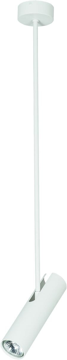 Lampa wisząca Eye Super B 1-punktowa w kolorze białym, z długim, prostym zawieszeniem. Cylindryczny klosz z otworem na źródło światła u dołu, zamontowana na okrągłym stropie. Minimalistyczny design, idealna do nowoczesnych wnętrz.