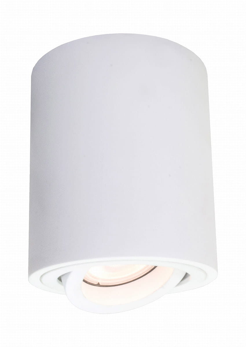 Biała lampa sufitowa Tulon LP-5441/1SM WH w formie cylindrycznej, z jednym punktem świetlnym. Ujęcie frontalne, lampa montowana na suficie, z widoczną żarówką w środku, minimalistyczny design.