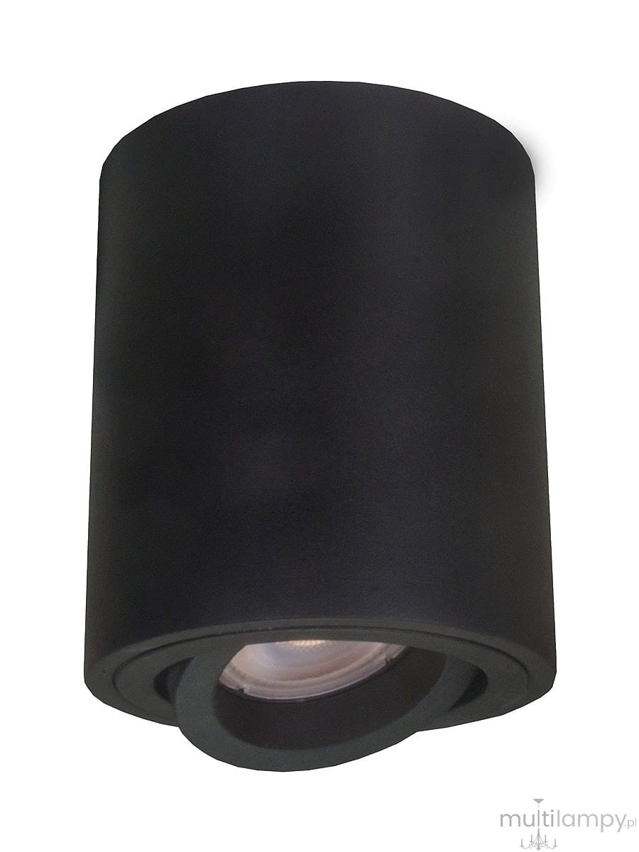 Czarna lampa sufitowa 1-punktowa Tulon LP-5441/1SM BK o cylindrycznym kształcie, z widoczną soczewką. Ujęcie z boku, prezentujące układ montażowy. Idealna do oświetlenia kierunkowego wnętrz.