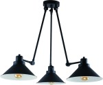 Techno lampa wisząca 3-punktowa 9142 w kolorze czarnym, z metalowymi kloszami w kształcie stożka. Ułożona w formie trzech punktów świetlnych, zawieszona na regulowanych ramionach, z widocznymi żarówkami w środku.