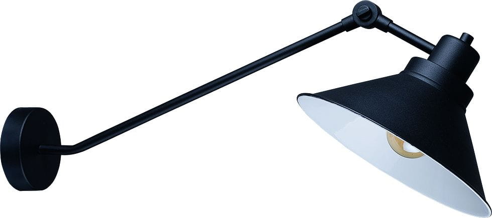 Kinkiet Techno 1-punktowy 9145 o czarnej, matowej obudowie i białym wnętrzu klosza. Produkt zamocowany na ścianie z regulowanym ramieniem, skierowany w dół. Stylowy design, idealny do oświetlenia wnętrz.