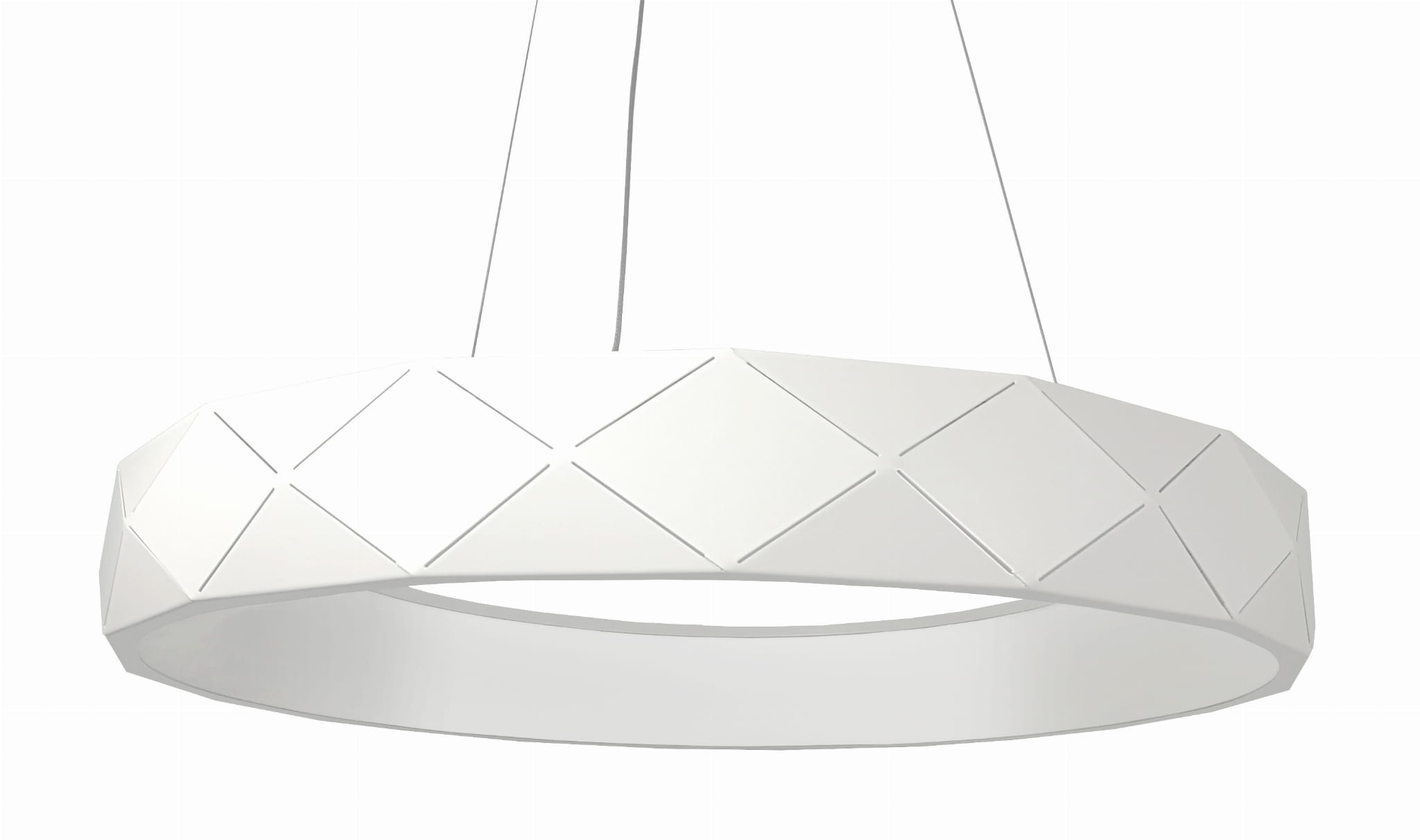 Biała lampa wisząca Reus LP-8069/1P LED, o okrągłym kształcie z geometrycznym wzorem. Zawieszona na cienkich linkach, z matowym wykończeniem. Idealna do nowoczesnych wnętrz, w prostym, minimalistycznym stylu.