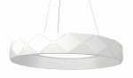 Biała lampa wisząca Reus LP-8069/1P LED, o okrągłym kształcie z geometrycznym wzorem. Zawieszona na cienkich linkach, z matowym wykończeniem. Idealna do nowoczesnych wnętrz, w prostym, minimalistycznym stylu.