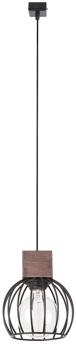 Lampa wisząca Milan 1-punktowa w kolorze brązowym, z metalową klatką i drewnianym elementem. Szklana żarówka jest widoczna w środku. Produkt zawieszony na długim przewodzie, w ujęciu frontalnym, idealny do nowoczesnych wnętrz.