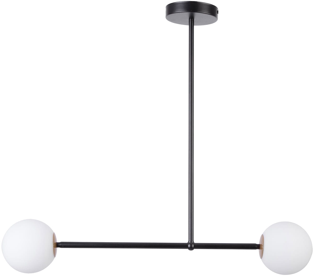 Czarna lampa wisząca Gama z dwoma punktami świetlnymi. Konstrukcja z metalowego ramienia, na końcach białe, okrągłe klosze. Lampa zawieszona na prostym, okrągłym mocowaniu sufitowym. Idealna do nowoczesnych wnętrz.