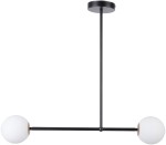 Czarna lampa wisząca Gama z dwoma punktami świetlnymi. Konstrukcja z metalowego ramienia, na końcach białe, okrągłe klosze. Lampa zawieszona na prostym, okrągłym mocowaniu sufitowym. Idealna do nowoczesnych wnętrz.