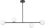 Lampa wisząca Gama 4-punktowa w kolorze czarnym. Konstrukcja z metalowym stelażem, cztery okrągłe klosze z białego szkła rozmieszczone na poziomej listwie. Ujęcie frontalne, produkt montowany do sufitu.