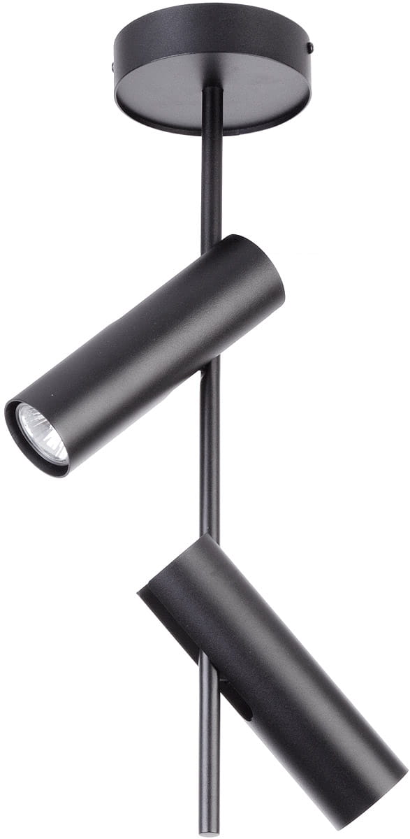 Leda lampa sufitowa 2-punktowa, czarna, z dwoma cylindrycznymi kloszami ustawionymi pod różnymi kątami. Metalowa konstrukcja, mocowana do sufitu. Prosty design, idealna do nowoczesnych wnętrz.
