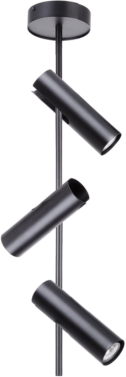 Czarna lampa sufitowa 3-punktowa Leda z metalowymi oprawami w formie cylindrów. Ułożona wzdłuż pionowej linii, z regulowanymi źródłami światła. Prosta forma, matowe wykończenie, montaż do sufitu.
