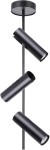 Czarna lampa sufitowa 3-punktowa Leda z metalowymi oprawami w formie cylindrów. Ułożona wzdłuż pionowej linii, z regulowanymi źródłami światła. Prosta forma, matowe wykończenie, montaż do sufitu.