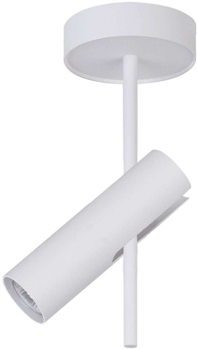Kinkiet Leda 1-punktowy w kolorze białym, z okrągłą podsufitką i prostokątną rurką, skierowaną na bok. Lampa ma minimalistyczny design z cylindrycznym kloszem, który można regulować. Produkt zamontowany na suficie, na jednolitym tle.