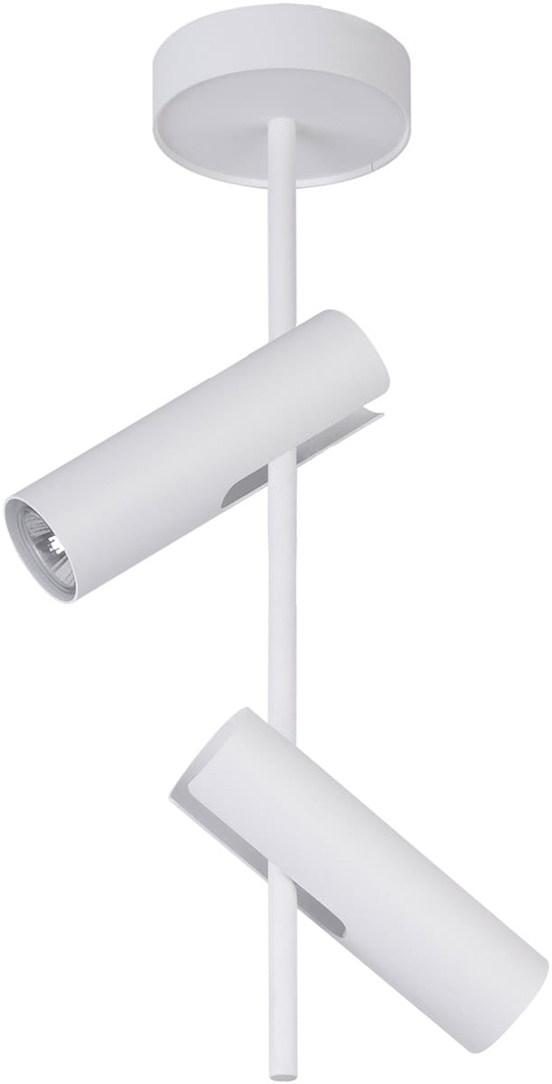 Leda lampa sufitowa 2-punktowa w kolorze białym z dwoma cylindrycznymi kloszami, umieszczona na prostym, pionowym ramieniu. Klosze skierowane w różnych kierunkach, zapewniające regulację światła. Minimalistyczny design pasujący do nowoczesnych wnętrz.
